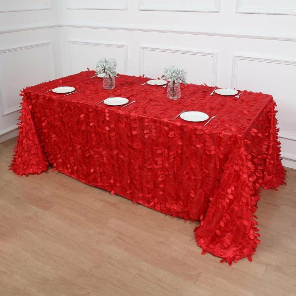 Rosette & Petals |  90″x132″ Red 3D Leaf Petal Taffeta Fabric Seamless Rectangle Tablecloth for 6 Foot Table With Floor-Length Drop