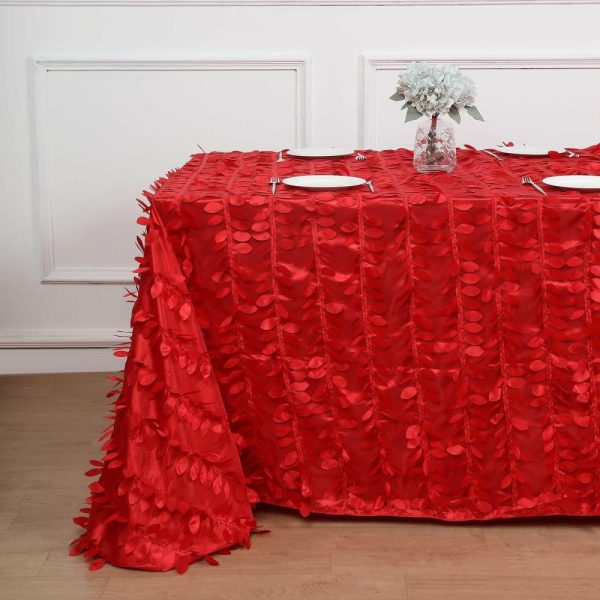 Rosette & Petals |  90″x132″ Red 3D Leaf Petal Taffeta Fabric Seamless Rectangle Tablecloth for 6 Foot Table With Floor-Length Drop