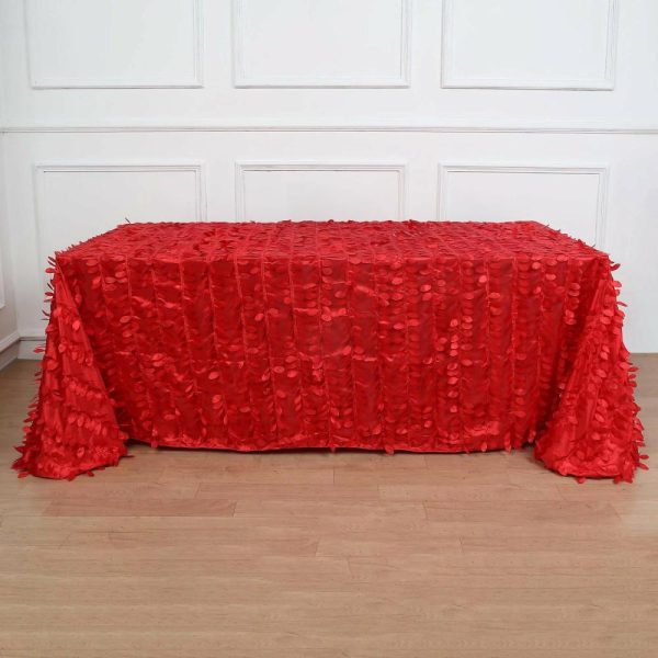 Rosette & Petals |  90″x132″ Red 3D Leaf Petal Taffeta Fabric Seamless Rectangle Tablecloth for 6 Foot Table With Floor-Length Drop