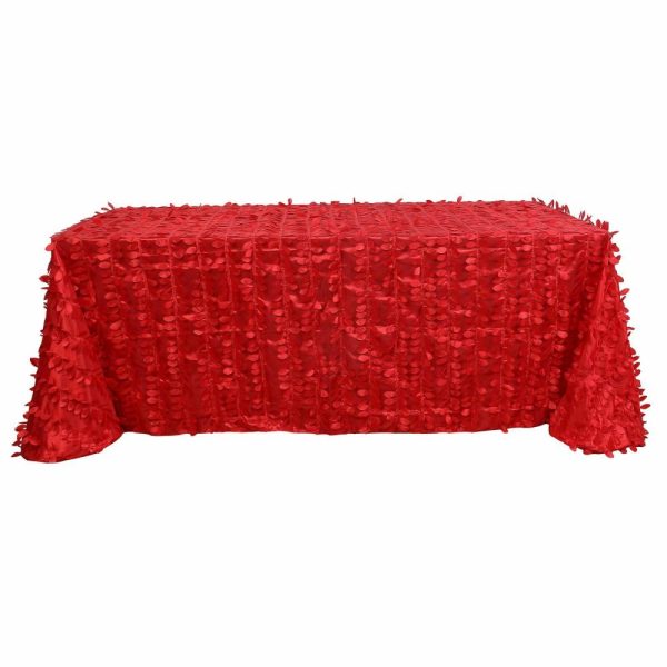 Rosette & Petals |  90″x132″ Red 3D Leaf Petal Taffeta Fabric Seamless Rectangle Tablecloth for 6 Foot Table With Floor-Length Drop