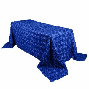 Rosette & Petals |  90″x132″ Royal Blue Seamless Grandiose 3D Rosette Satin Rectangle Tablecloth for 6 Foot Table With Floor-Length Drop