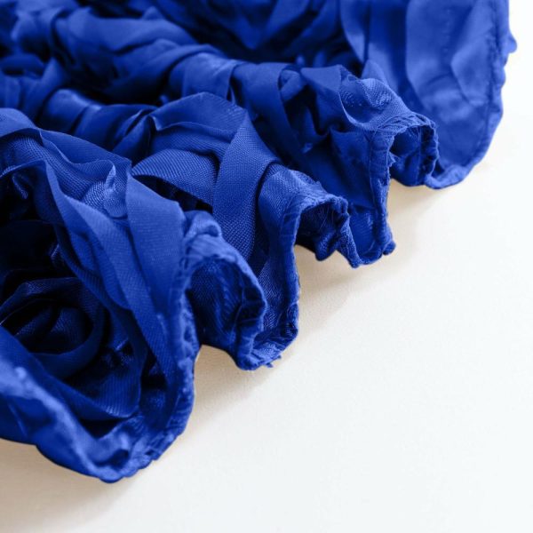 Rosette & Petals |  90″x132″ Royal Blue Seamless Grandiose 3D Rosette Satin Rectangle Tablecloth for 6 Foot Table With Floor-Length Drop