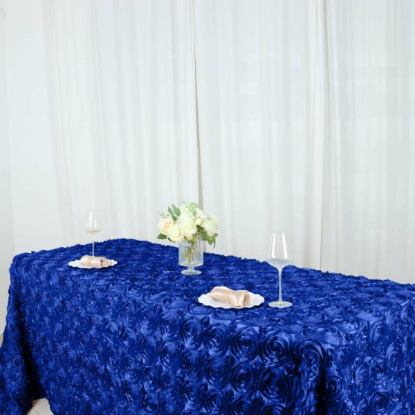 Rosette & Petals |  90″x132″ Royal Blue Seamless Grandiose 3D Rosette Satin Rectangle Tablecloth for 6 Foot Table With Floor-Length Drop