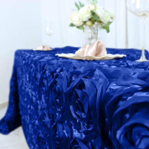 Rosette & Petals |  90″x132″ Royal Blue Seamless Grandiose 3D Rosette Satin Rectangle Tablecloth for 6 Foot Table With Floor-Length Drop