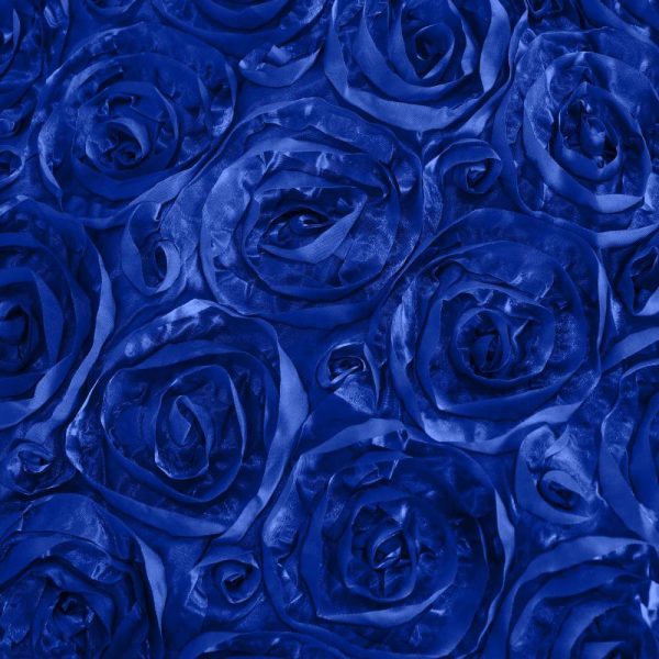 Rosette & Petals |  90″x132″ Royal Blue Seamless Grandiose 3D Rosette Satin Rectangle Tablecloth for 6 Foot Table With Floor-Length Drop