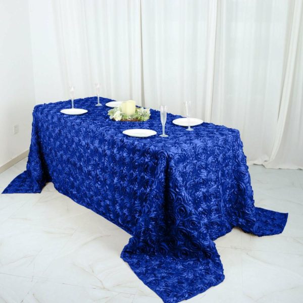 Rosette & Petals |  90″x132″ Royal Blue Seamless Grandiose 3D Rosette Satin Rectangle Tablecloth for 6 Foot Table With Floor-Length Drop