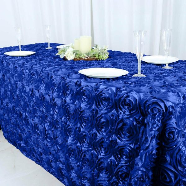 Rosette & Petals |  90″x132″ Royal Blue Seamless Grandiose 3D Rosette Satin Rectangle Tablecloth for 6 Foot Table With Floor-Length Drop