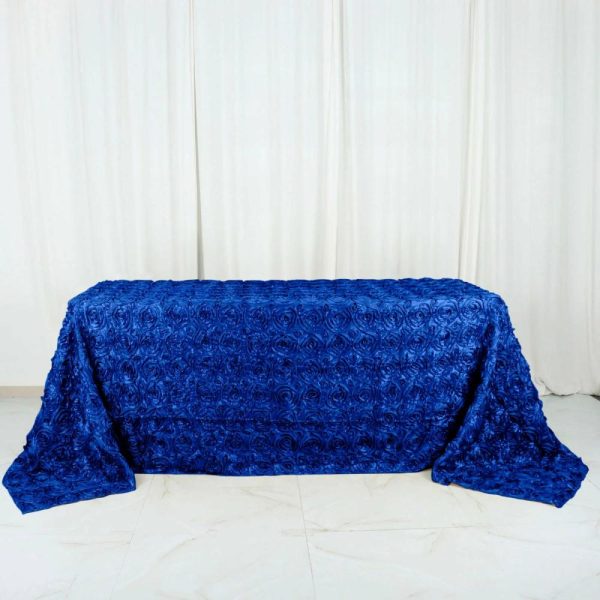 Rosette & Petals |  90″x132″ Royal Blue Seamless Grandiose 3D Rosette Satin Rectangle Tablecloth for 6 Foot Table With Floor-Length Drop