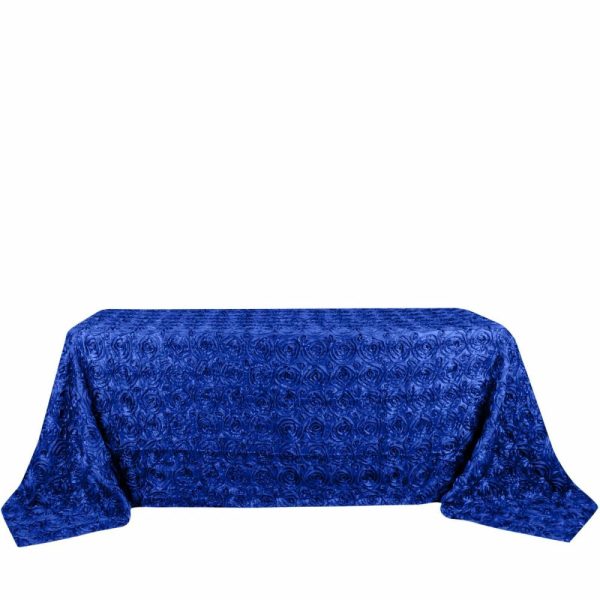 Rosette & Petals |  90″x132″ Royal Blue Seamless Grandiose 3D Rosette Satin Rectangle Tablecloth for 6 Foot Table With Floor-Length Drop