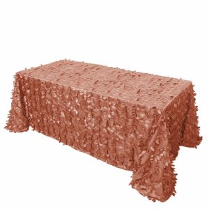 Rosette & Petals |  90″x132″ Terracotta (Rust) 3D Leaf Petal Taffeta Fabric Seamless Rectangle Tablecloth for 6 Foot Table With Floor-Length Drop