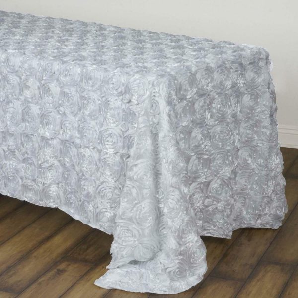 Rosette & Petals |  90″x132″ White Seamless Grandiose 3D Rosette Satin Rectangle Tablecloth for 6 Foot Table With Floor-Length Drop