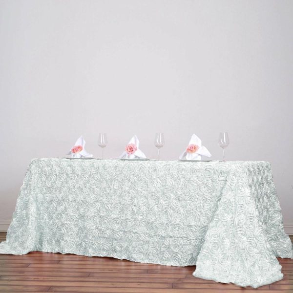 Rosette & Petals |  90″x132″ White Seamless Grandiose 3D Rosette Satin Rectangle Tablecloth for 6 Foot Table With Floor-Length Drop