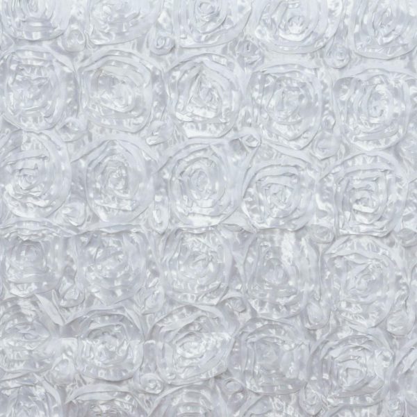 Rosette & Petals |  90″x132″ White Seamless Grandiose 3D Rosette Satin Rectangle Tablecloth for 6 Foot Table With Floor-Length Drop