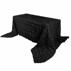 Rosette & Petals |  90″x156″ Black Seamless Grandiose Rosette 3D Satin Rectangle Tablecloth for 8 Foot Table With Floor-Length Drop