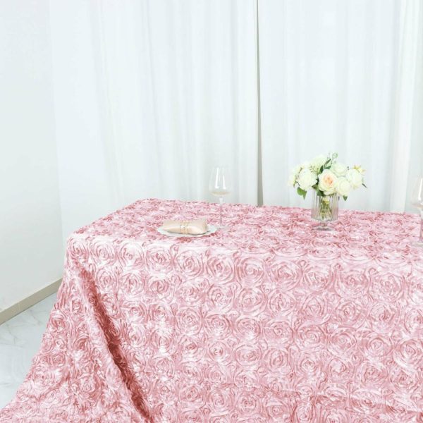 Rosette & Petals |  90″x156″ Blush Seamless Grandiose Rosette Satin Rectangle Tablecloth for 8 Foot Table With Floor-Length Drop