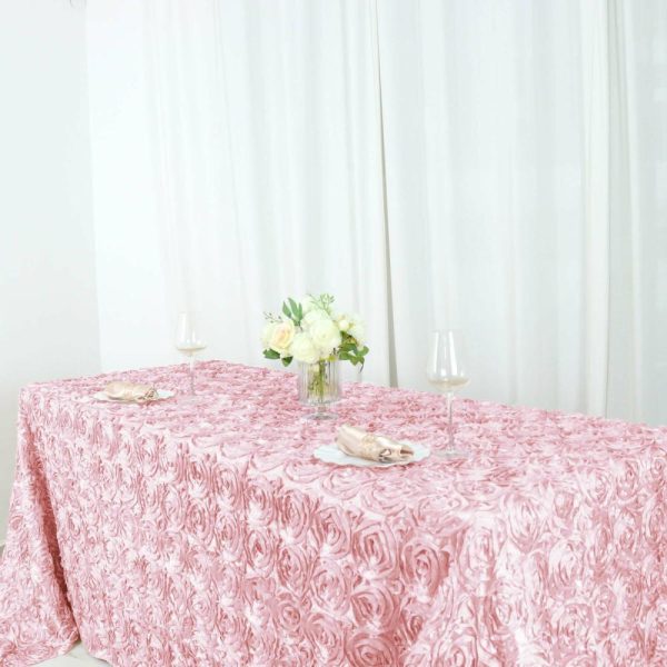 Rosette & Petals |  90″x156″ Blush Seamless Grandiose Rosette Satin Rectangle Tablecloth for 8 Foot Table With Floor-Length Drop