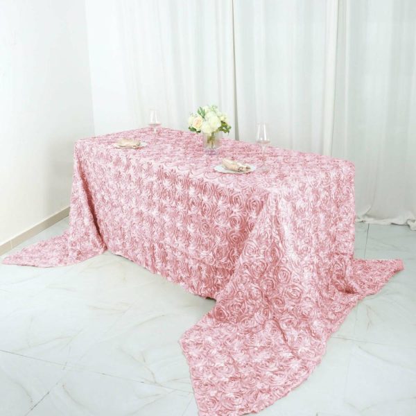 Rosette & Petals |  90″x156″ Blush Seamless Grandiose Rosette Satin Rectangle Tablecloth for 8 Foot Table With Floor-Length Drop