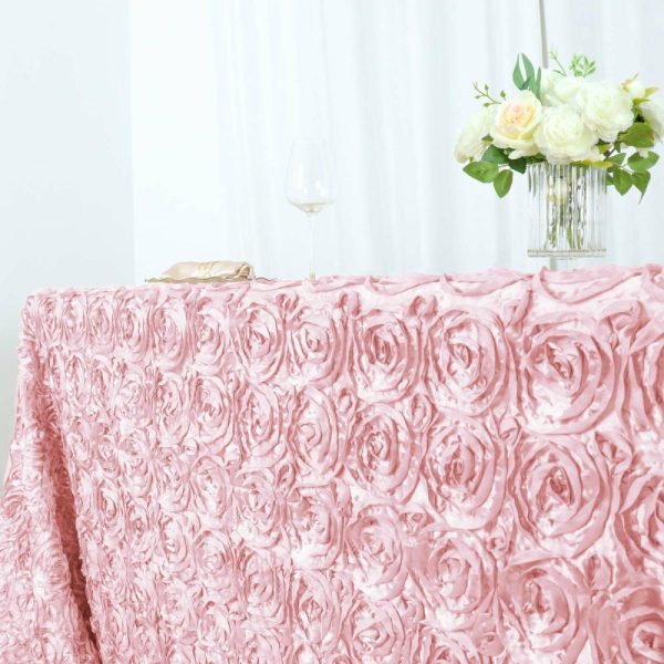 Rosette & Petals |  90″x156″ Blush Seamless Grandiose Rosette Satin Rectangle Tablecloth for 8 Foot Table With Floor-Length Drop