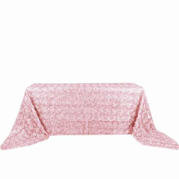 Rosette & Petals |  90″x156″ Blush Seamless Grandiose Rosette Satin Rectangle Tablecloth for 8 Foot Table With Floor-Length Drop