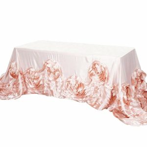 Rosette & Petals |  90″x156″ Blush Seamless Large Rosette Rectangular Satin Tablecloth for 8 Foot Table With Floor-Length Drop