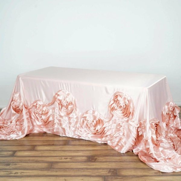 Rosette & Petals |  90″x156″ Blush Seamless Large Rosette Rectangular Satin Tablecloth for 8 Foot Table With Floor-Length Drop