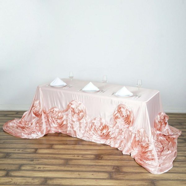 Rosette & Petals |  90″x156″ Blush Seamless Large Rosette Rectangular Satin Tablecloth for 8 Foot Table With Floor-Length Drop