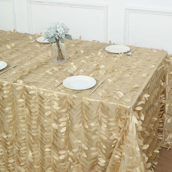 Rosette & Petals |  90″x156″ Champagne 3D Leaf Petal Taffeta Fabric Seamless Rectangle Tablecloth for 8 Foot Table With Floor-Length Drop