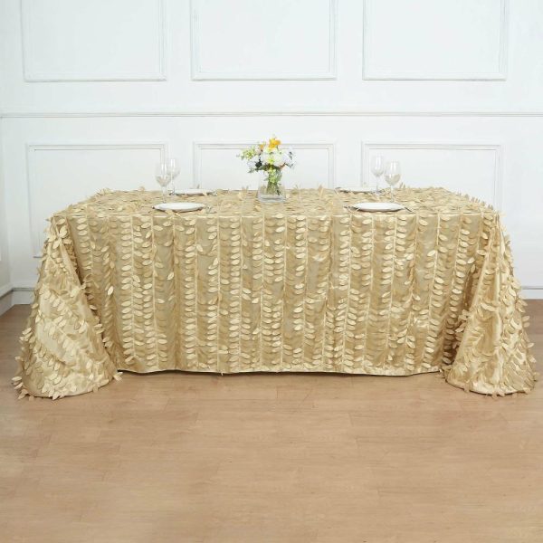 Rosette & Petals |  90″x156″ Champagne 3D Leaf Petal Taffeta Fabric Seamless Rectangle Tablecloth for 8 Foot Table With Floor-Length Drop