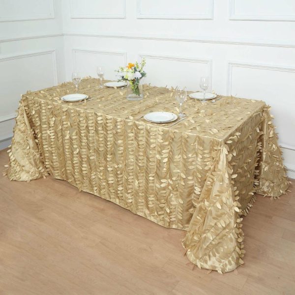 Rosette & Petals |  90″x156″ Champagne 3D Leaf Petal Taffeta Fabric Seamless Rectangle Tablecloth for 8 Foot Table With Floor-Length Drop