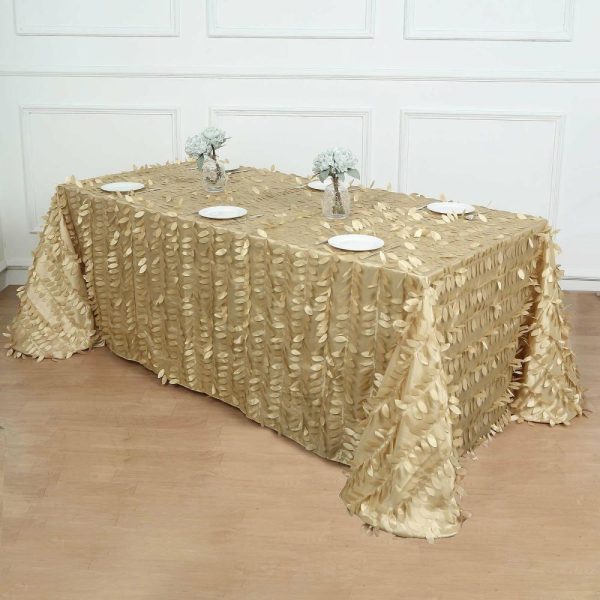 Rosette & Petals |  90″x156″ Champagne 3D Leaf Petal Taffeta Fabric Seamless Rectangle Tablecloth for 8 Foot Table With Floor-Length Drop