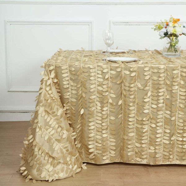 Rosette & Petals |  90″x156″ Champagne 3D Leaf Petal Taffeta Fabric Seamless Rectangle Tablecloth for 8 Foot Table With Floor-Length Drop