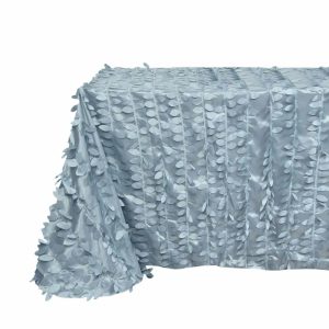 Rosette & Petals |  90″x156″ Dusty Blue 3D Leaf Petal Taffeta Fabric Seamless Rectangle Tablecloth for 8 Foot Table With Floor-Length Drop