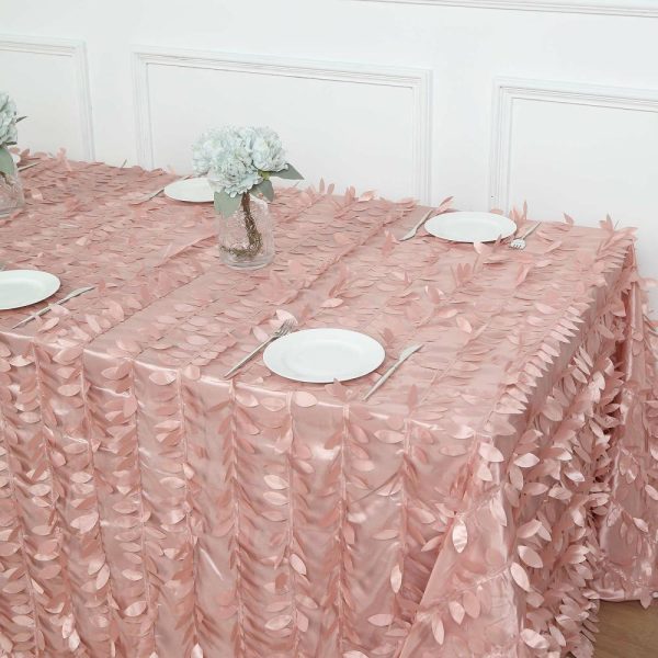 Rosette & Petals |  90″x156″ Dusty Rose 3D Leaf Petal Taffeta Fabric Seamless Rectangle Tablecloth for 8 Foot Table With Floor-Length Drop