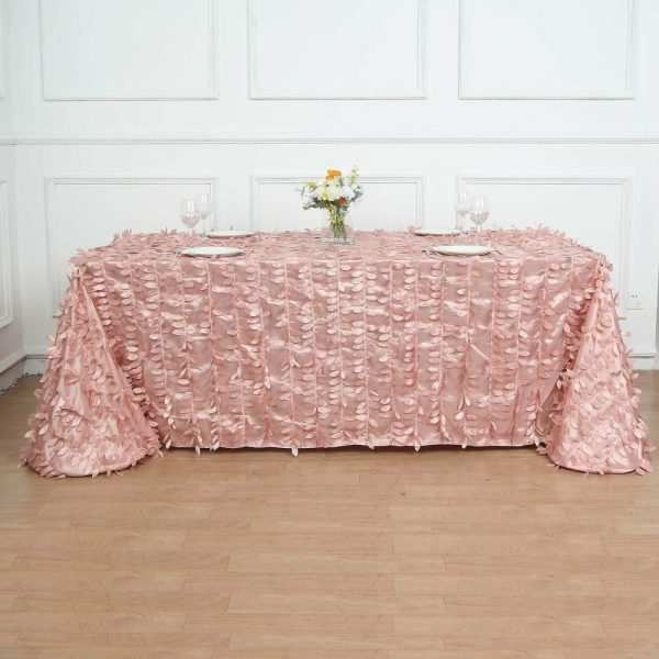 Rosette & Petals |  90″x156″ Dusty Rose 3D Leaf Petal Taffeta Fabric Seamless Rectangle Tablecloth for 8 Foot Table With Floor-Length Drop