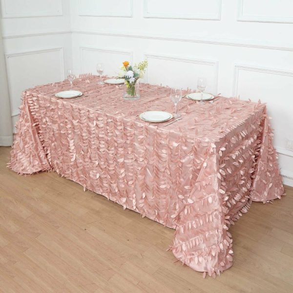 Rosette & Petals |  90″x156″ Dusty Rose 3D Leaf Petal Taffeta Fabric Seamless Rectangle Tablecloth for 8 Foot Table With Floor-Length Drop