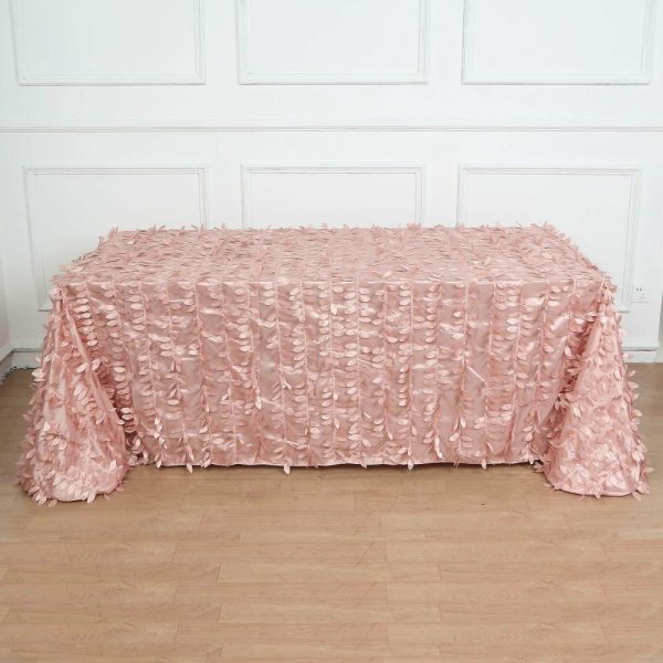 Rosette & Petals |  90″x156″ Dusty Rose 3D Leaf Petal Taffeta Fabric Seamless Rectangle Tablecloth for 8 Foot Table With Floor-Length Drop