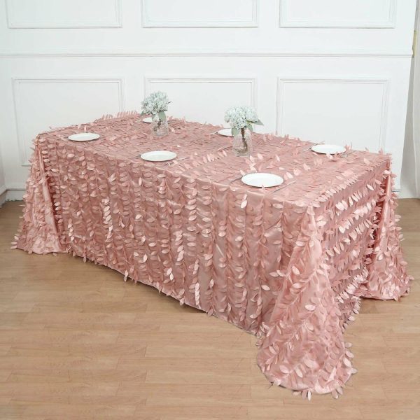 Rosette & Petals |  90″x156″ Dusty Rose 3D Leaf Petal Taffeta Fabric Seamless Rectangle Tablecloth for 8 Foot Table With Floor-Length Drop