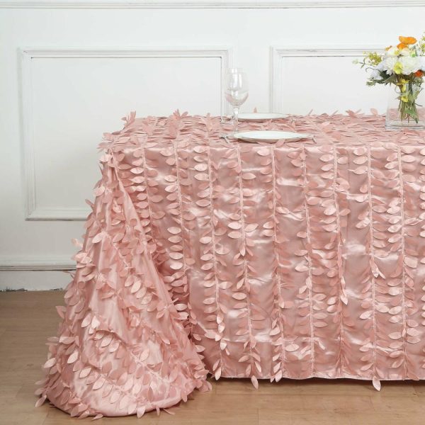 Rosette & Petals |  90″x156″ Dusty Rose 3D Leaf Petal Taffeta Fabric Seamless Rectangle Tablecloth for 8 Foot Table With Floor-Length Drop