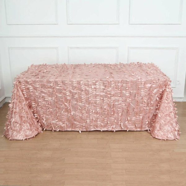 Rosette & Petals |  90″x156″ Dusty Rose 3D Leaf Petal Taffeta Fabric Seamless Rectangle Tablecloth for 8 Foot Table With Floor-Length Drop