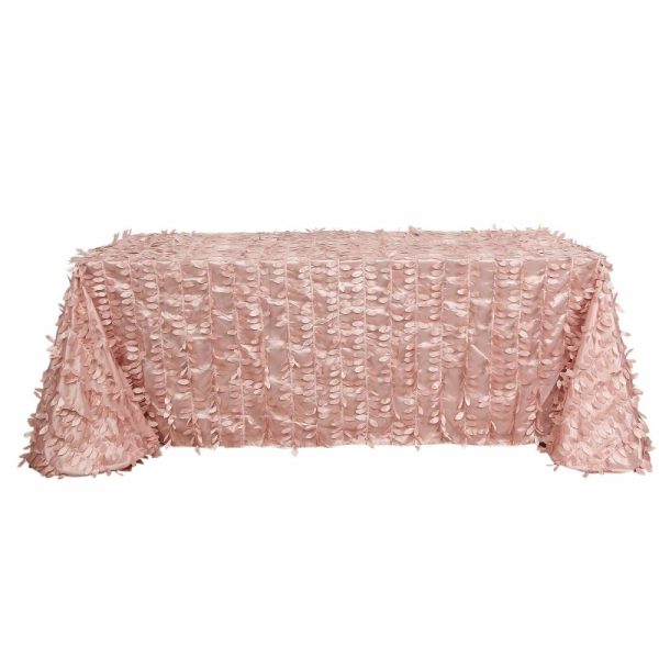 Rosette & Petals |  90″x156″ Dusty Rose 3D Leaf Petal Taffeta Fabric Seamless Rectangle Tablecloth for 8 Foot Table With Floor-Length Drop