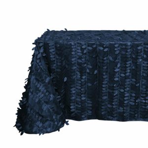 Rosette & Petals |  90″x156″ Navy Blue 3D Leaf Petal Taffeta Fabric Seamless Rectangle Tablecloth for 8 Foot Table With Floor-Length Drop