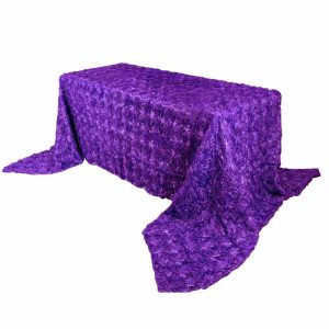 Rosette & Petals |  90″x156″ Purple Seamless Grandiose Rosette 3D Satin Rectangle Tablecloth for 8 Foot Table With Floor-Length Drop