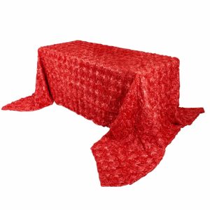 Rosette & Petals |  90″x156″ Red Seamless Grandiose Rosette 3D Satin Rectangle Tablecloth for 8 Foot Table With Floor-Length Drop