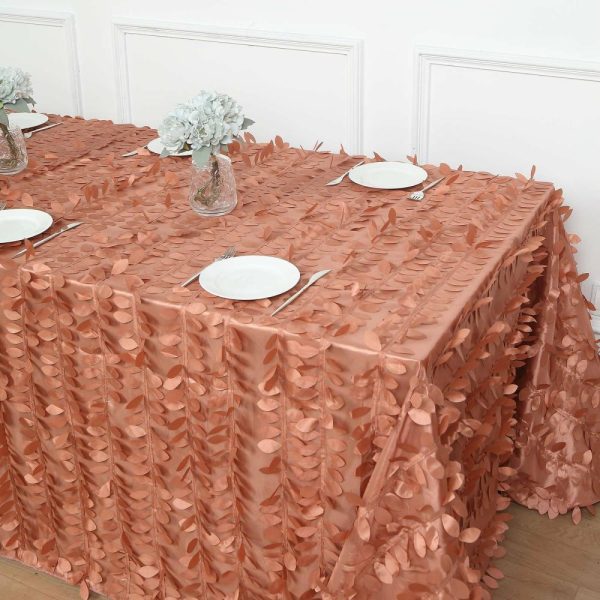 Rosette & Petals |  90″x156″ Terracotta (Rust) 3D Leaf Petal Taffeta Fabric Seamless Rectangle Tablecloth for 8 Foot Table With Floor-Length Drop