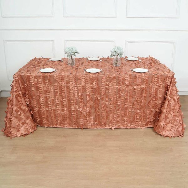 Rosette & Petals |  90″x156″ Terracotta (Rust) 3D Leaf Petal Taffeta Fabric Seamless Rectangle Tablecloth for 8 Foot Table With Floor-Length Drop