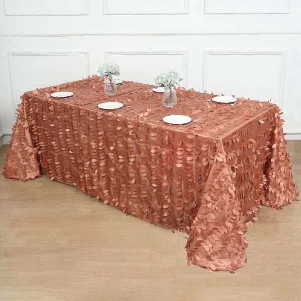 Rosette & Petals |  90″x156″ Terracotta (Rust) 3D Leaf Petal Taffeta Fabric Seamless Rectangle Tablecloth for 8 Foot Table With Floor-Length Drop