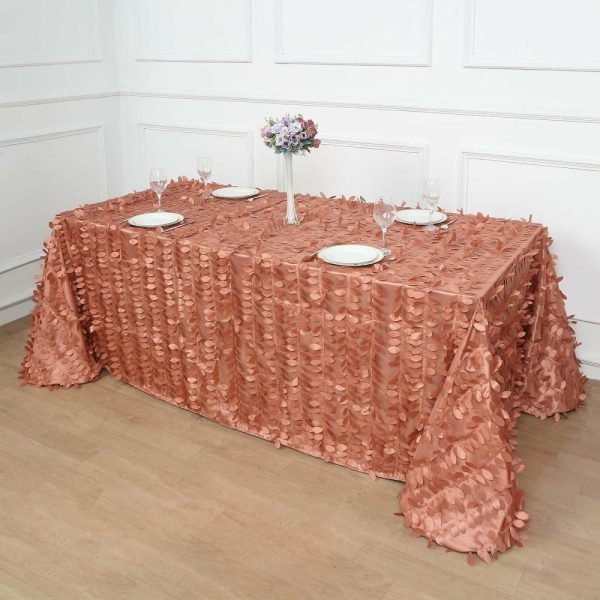 Rosette & Petals |  90″x156″ Terracotta (Rust) 3D Leaf Petal Taffeta Fabric Seamless Rectangle Tablecloth for 8 Foot Table With Floor-Length Drop