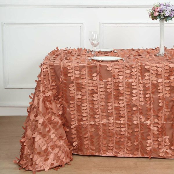 Rosette & Petals |  90″x156″ Terracotta (Rust) 3D Leaf Petal Taffeta Fabric Seamless Rectangle Tablecloth for 8 Foot Table With Floor-Length Drop