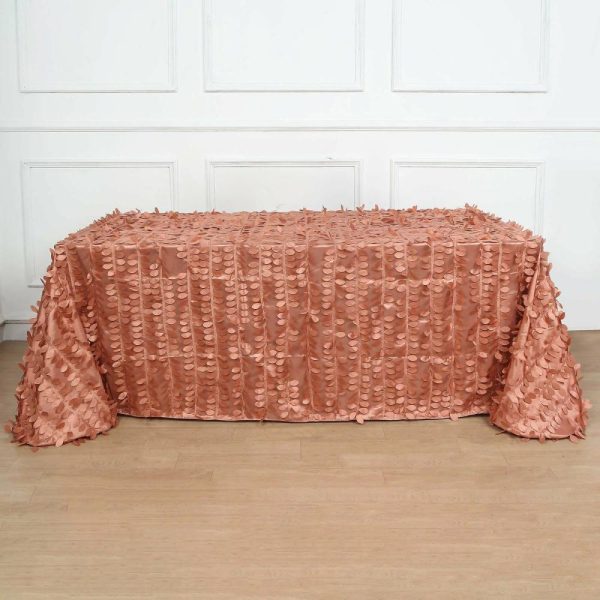 Rosette & Petals |  90″x156″ Terracotta (Rust) 3D Leaf Petal Taffeta Fabric Seamless Rectangle Tablecloth for 8 Foot Table With Floor-Length Drop