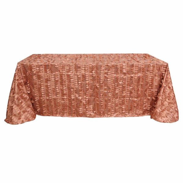 Rosette & Petals |  90″x156″ Terracotta (Rust) 3D Leaf Petal Taffeta Fabric Seamless Rectangle Tablecloth for 8 Foot Table With Floor-Length Drop